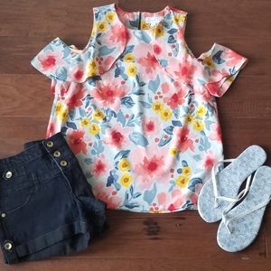 Mud Pie Floral Top Womens Small Cold Shoulder Short Sleeves